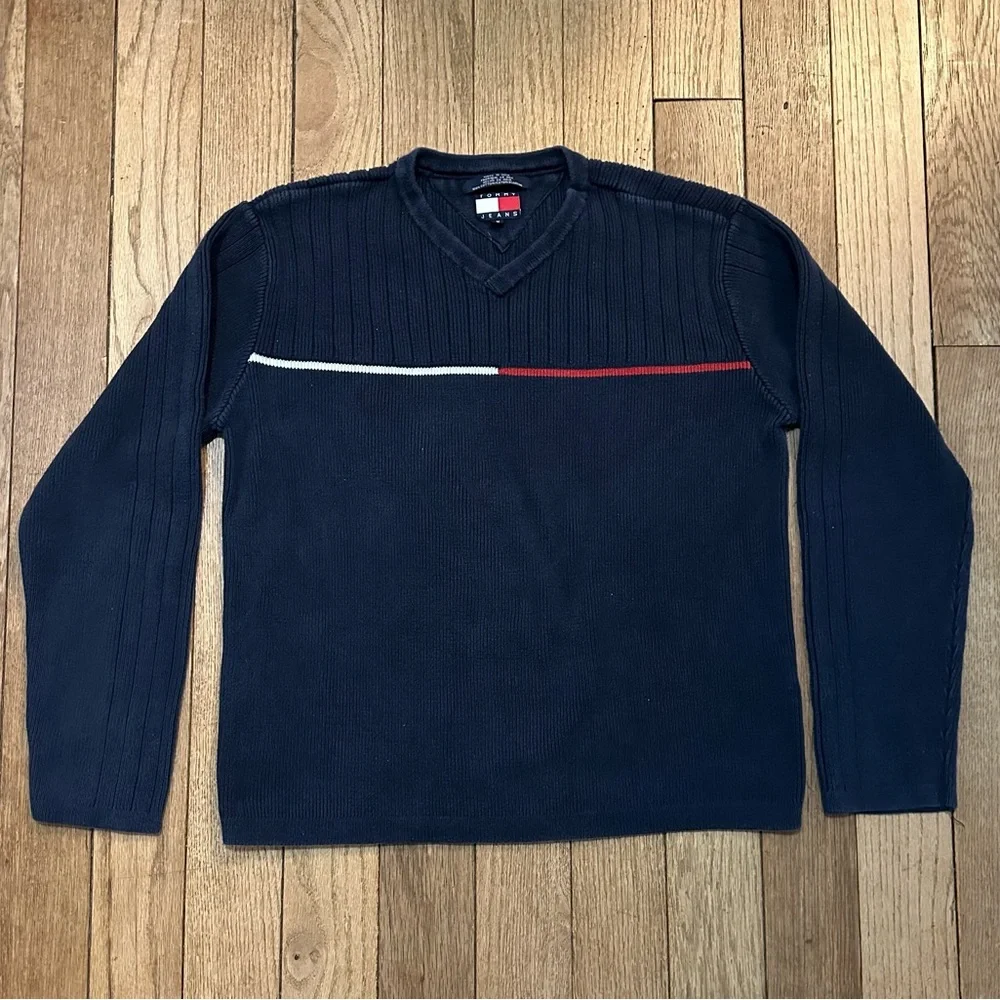 Tommy Hilfiger Navy V-Neck Knit Sweater with Red & White Chest Logo Stripe 90s
